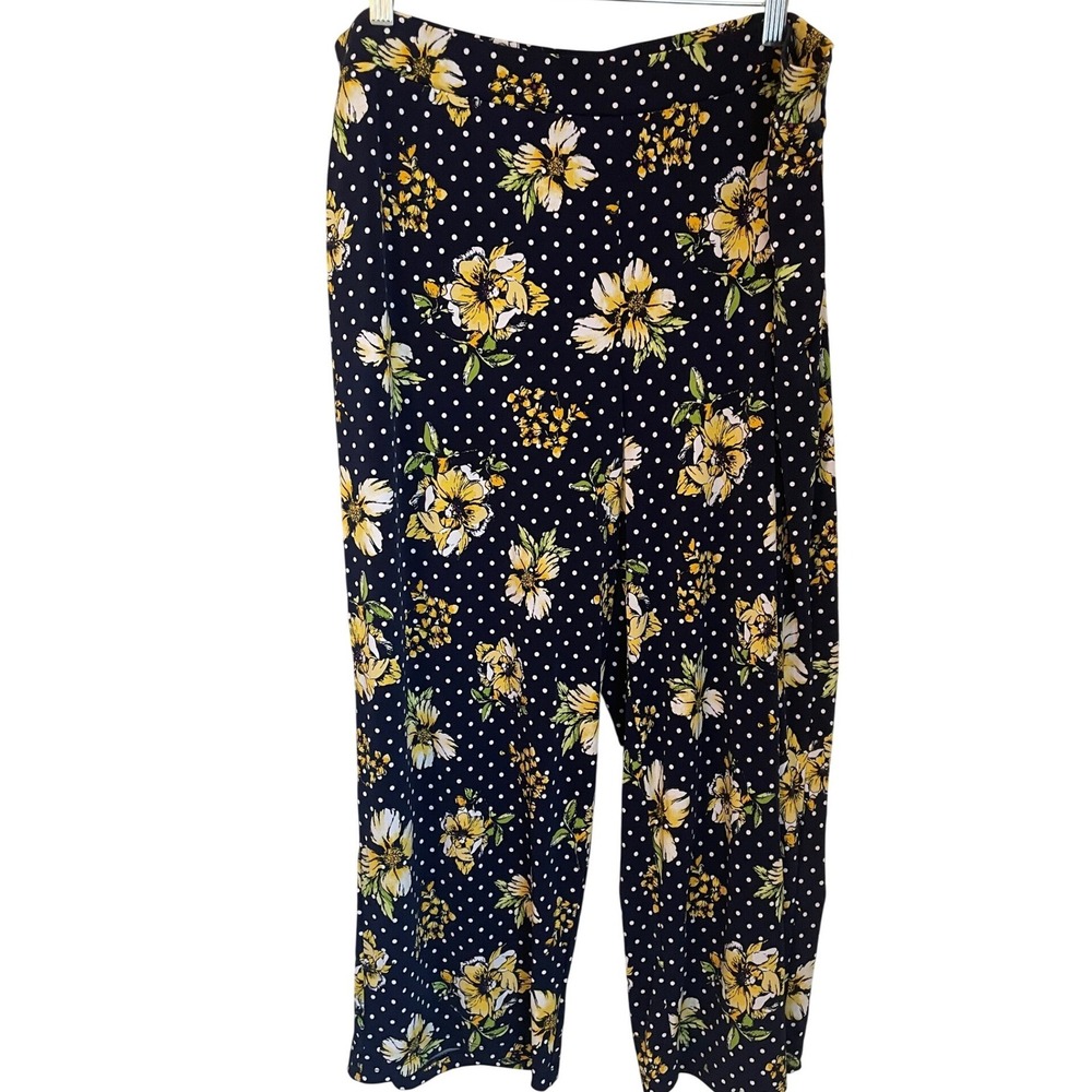 Susan Graver Size 1X Liquid Knit Wide Leg Crop Pull On Pants Navy Dot Floral